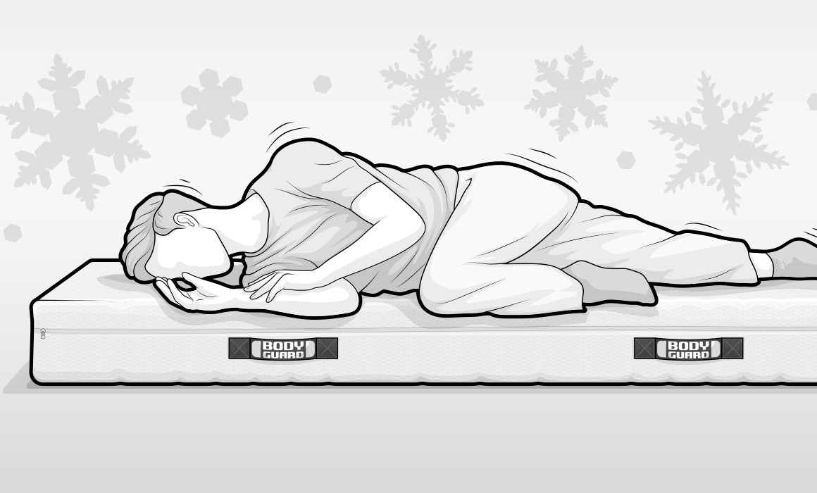 Illustration: Eine Person liegt zitternd auf einer Kaltschaummatratze. Im Hintergrund angedeutete Schneeflocken.